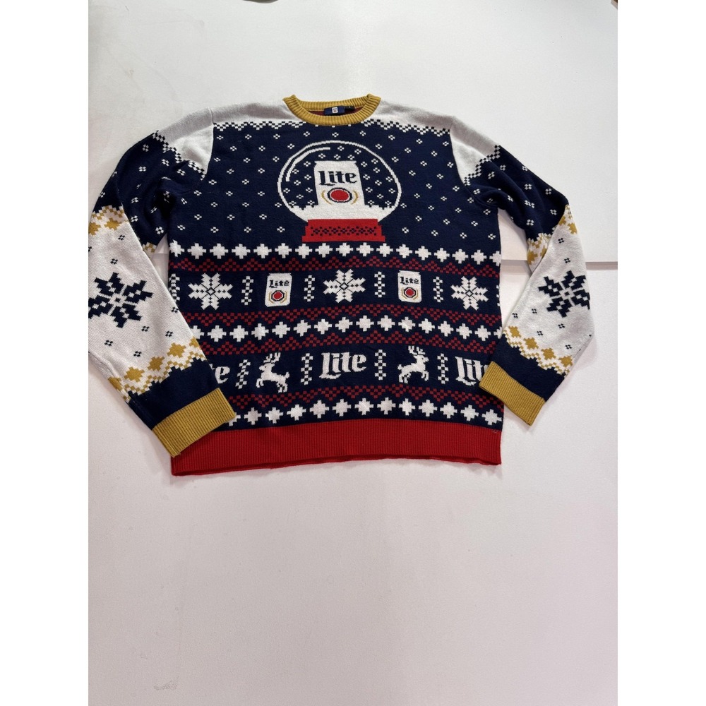 Miller Lite Sweater Mens Large Blue Fair Isle Ugly Christmas Knit Pullover
